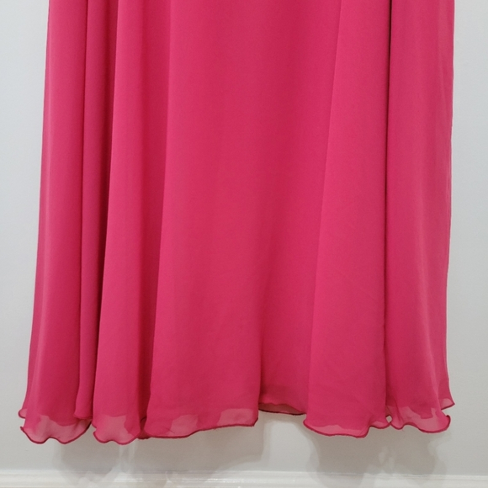 Hayley Paige Occasions Flamingo Pink Chiffon A-line Gown Ruffled V Neck, Size 22 - Picture 4 of 14